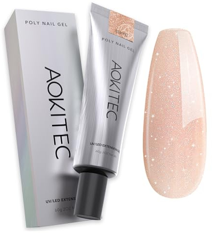 Aokitec Poly Gel, Nail Gel for Build, Strengthen, Shape & Design, Poly Builder Nail Gel Acrylic Gel for DIY Enthusiasts & Pros, 60g, Light Nude with Fine Shimmer