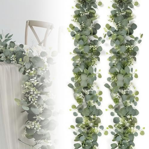 2 PCS Eucalyptus Garland, 5.9FT Greenery Garland Artificial Greenery Vines Fake Hanging Green Leaves Vines Faux Leaf Garlands Realistic Vine Plant for Wedding Arch Table Decor