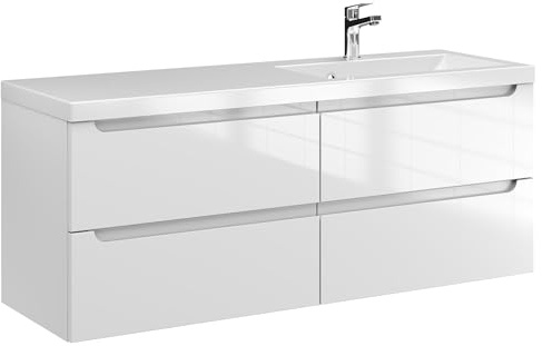 Furni Waschtischunterschrank ETH 120 cm S P – Weiß Hochglanz – Hängender Badschrank mit Mineralguss-Waschbecken – Frezgriffe – Vormontiert
