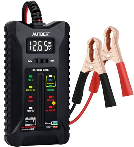 AUTDER 12V/24V Battery Tester and Alternator Tester, Digital Automotive Battery Voltage Tester with LCD Display, LED Status Indicators and Reverse Protection for Cars, Motorcycles, Vans, RVs