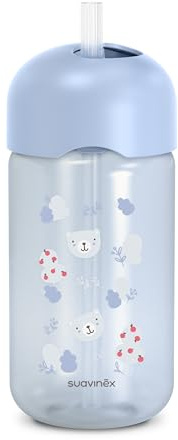 Suavinex, Vaso Aprendizaje Bebés con Pajita de Silicona, Wild&Free Azul | Pajita Suave y Flexible, Abatible, Antiderrame y Antigoteo, Apto Lavavajillas, con Tapa, 340 ml, Botella para Bebés +18 Meses