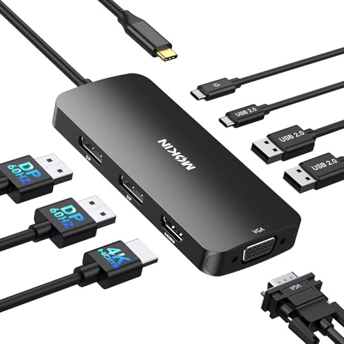 MOKiN USB C Hub DisplayPort, 8 in 1 Docking Station 2 DisplayPort | USB C Adapter mit 2x DP, 4K HDMI, VGA, USB C 2.0&USB A 2.0, PD 100W Laden, Laptop Dockingstation für HP/Lenovo/Dell(Schwarz)