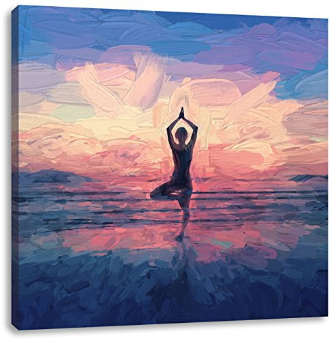 Pixxprint Yoga am Strand Kunst Pinsel Effekt, Größe: 40x40, Leinwandbild Quadratisch, Wandbild, Kunstdruck, fertig bespannt