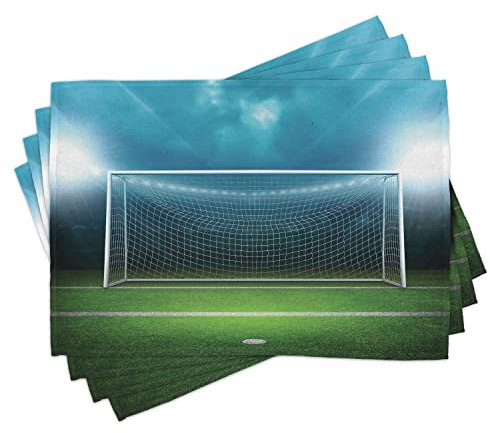 ABAKUHAUS Fußball Platzmatten, Soccer Goal Post Sportbereich Gewinner Verlierer Linie Flutlicht Best Team Finals Spiel Theme, Tiscjdeco aus Farbfesten Stoff für das Esszimmer und Küch, Grün Blau