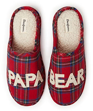 Dearfoams Herren-Hausschuhe mit Aufschrift „Papa“ und „Bear“, Schottenkaro, 9-10