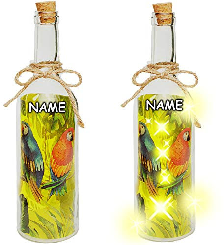 Glas - LICHT Dekoflasche - 5 Stück LED - Papagei & Tropen Blätter - gelb - inkl. Name - Lichtflasche/Flasche mit Licht - 30 cm - Batterie betrieben - warmwe..