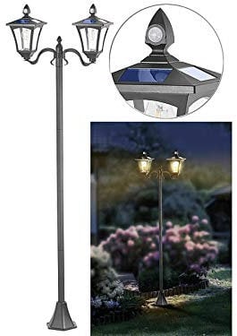 Royal Gardineer Solar Parkleuchte: Solar-LED-Gartenlaterne, 2 flammig, PIR- & Dämmerungssensor, 600 Lumen (LED Laterne mit Bewegungsmelder, Straßenlaterne mit Bewegungsmelder, Beleuchtung)