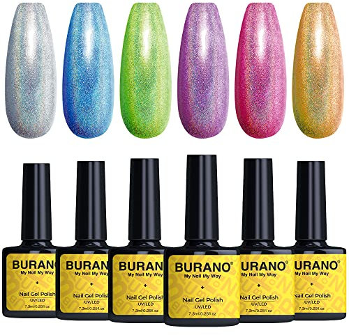 BURANO Holographischer UV Nagellack, 6-Farben Metallic Glitter Gel Polish Nail Art Gel Set, Einweichen