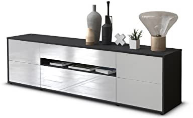 Stil.Zeit Lowboard Annick, Korpus anthrazit matt, Front Hochglanz-Design Weiß (180x49x35cm) Push-to-Open Technik & Leichtlaufschienen