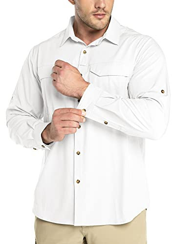 Outdoor Ventures Men's Shirts Safari Shirt Roll-Up Sleeve UV Shirts Quick Dry Lightweight Hiking Shirt with Pockets for Walking Fishing Travelling White L