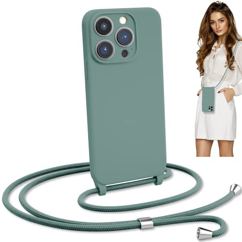 Blaspins Crossbody Lanyard Strap Case for iPhone 13 Pro, Neck Cross Body, Adjustable Holder Removable, Drop Protection Shockproof, Hands-Free Silicone Case 6.1 inch,150 cm Strap, iP13Pro- Pine Green