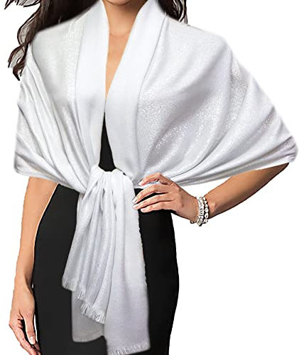 Gragengs Funken Metallic Pashmina Schals und Stola für Damen, Lange Party Tücher Einheitliche Farbe Zwei Töne,Weiß/Silber
