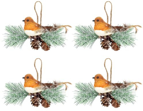 Kunjocy Pack of 4 Christmas Robin Bird Pine Picks, Artificial Christmas Robin Branches Snowy Xmas Tree Bird for Holiday Party Wreath Garland Cake Decorations