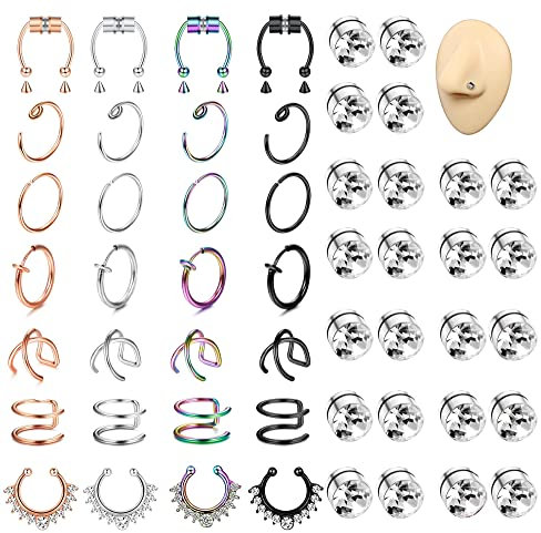 Kakonia 52stk Fake Nasenpiercing Ring für Damen Herren Magnetisches Septum Piercing Fake Nasenring Nasenstecker Fake Nose Ring Septum Piercing für Nicht Nase Piercing Mehrfarbig