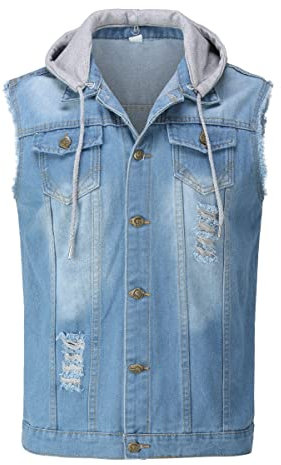 YOUTHUP Mens Denim Gilet with Hood Casual Vintage Ripped Outerwear Gilets Cowboy Sleeveless Jacket Vest, 2207 Blue, XL