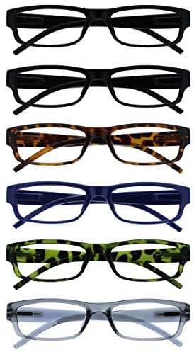 OPULIZE ACE Reading Glasses for Women Men, Lightweight Comfortable Narrow Rectangular Frame with Spring Hinges, Scratch Resistant, Black Brown Blue Green Grey +1.00 (Pack of 6)