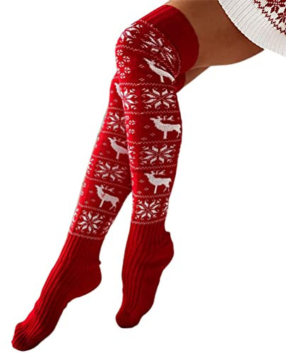 shownicer Calzettoni Donna Calzini di Natale in Maglia Calzini da Ginocchio Calze Alte Invernale Calze Alte sopra Il Ginocchio Calze Lunghe da Stivale Inverno Calze Natalizie C Rosso Taglia Unica
