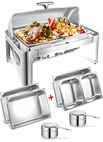 Granvell Rechteckiges Rolltop Chafing Dish Buffet Set, Catering Speisenwärmer für Partys, Hochzeit, Geburtstag, Weihnachten, 1 volle Größe & 2 halbe Größe Chafing Server Dish, 14QT Wasserpfanne