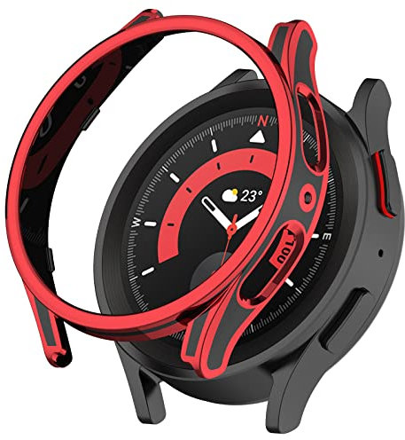 AWADUO Coque de protection complète en polycarbonate avec protecteur d'écran en verre trempé compatible avec Samsung Watch 5 Pro 45 mm, souple et durable (noir + rouge)