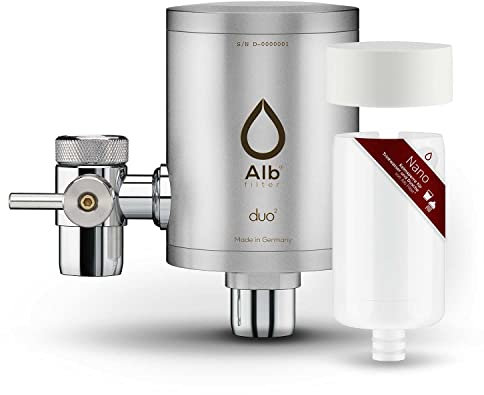 Alb Filter® Duo Nano Trinkwasserfilter | Wasserhahnfilter | Gegen Keime wie E. coli, Legionellen uvm. | Made in Germany Edelstahl (Edelstahl Mattiert mit Vorfilter)