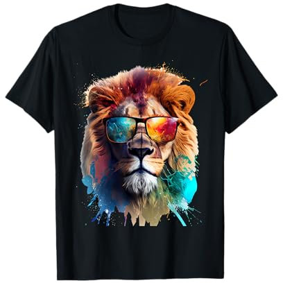 Löwen Safari T-Shirt mit Sonnenbrille - Unisex Erwachsene - Schwarz - S - Kurzarm - T-Shirt - Cooler Löwe mit Sonnenbrille