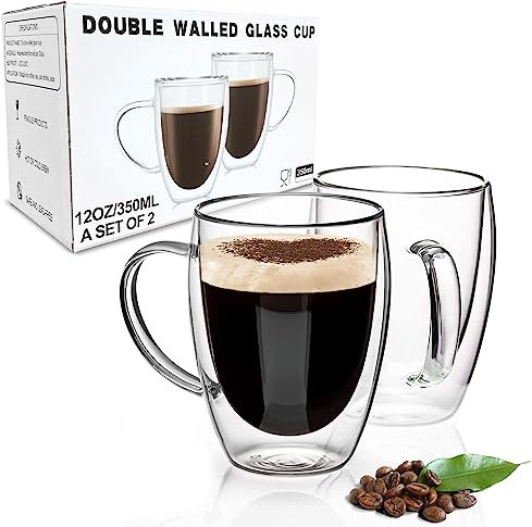 Nestling 2x350ml Double Walled Coffee Glasses Mugs with Handle, Cappuccino Latte Macchiato Cups for Tea Coffee Milk Juice Ice Cream, Dishwasher Safe, Heat Resistant Glass Cups