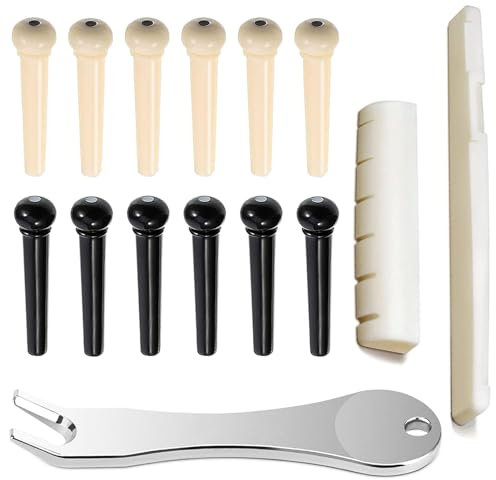 14Pcs Acoustic Guitar Bridge Pins String Pegs Guitar Saddle Nut With 3-In-1 Pin Puller Remover Guitar String Winder And Cutter Guitar Parts Accessories Replacement Tools Kits (Bone Saddle and Nut)