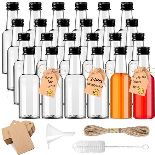 Aiareozy (Ohne Glas 24 Stück Kunststoff Kleine Flaschen zum Befüllen 100ml, Mini Fläschchen Kunststoff Likörflaschen, Leere Schnapsflaschen zum Befüllen, für Hochzeiten Party, Likör, Schnaps, Öl
