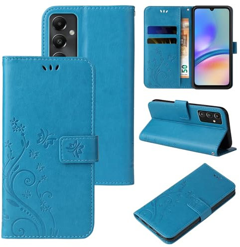 LBH Handy Hülle für Samsung Galaxy A05s Case Handytasche Schmetterling Blumen Flower Standfunktion Schutzhülle Magnet Rundum Schutz 360 Grad Flipcase Cover Blau