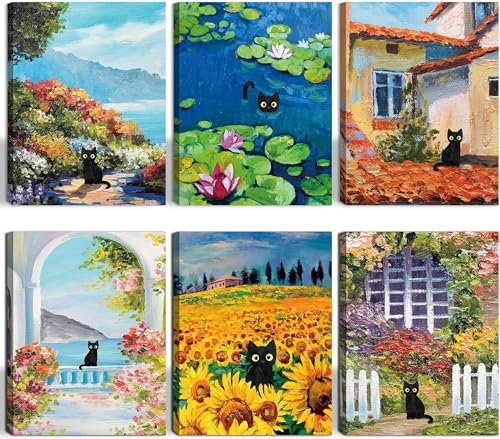 KAIRNE 6er Set Schwarze Katze Poster,Lustige Katze Wandbilder für Wohnzimmer,Katze Kunstdruck Landschaft Poster Leinwand,Wandkunst Van Gogh Bild mit Rahmen für Schlafzimmer Badezimmer Deko (20*25CM)