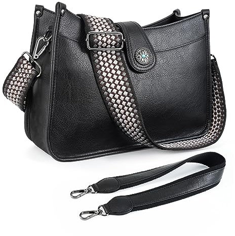 APHISON Umhängetasche Damen Handtasche Mittelgroß schwarz Crossbody Bag mit Breiter Gurt Hobo Bag Schultertasche veganem Leder Tasche 2 Schulterriemen Kartenschlitz Reisetasche