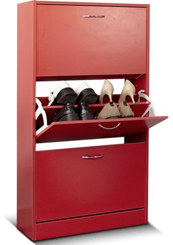 BAKAJI Scarpiera Salvaspazio Slim Portascarpe in Legno Melaminico con 3 Ante a Ribalta e Doppia Profondità Dimensioni 60 x 24 x 120 cm (Rosso Vino)