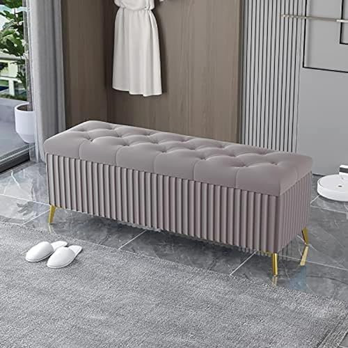 CATANK Luxuriöser Ottoman mit Stauraum und Knopfleiste, Samtgepolsterte Aufbewahrungsbank mit Metallbeinen, Rechteckige Gepolsterte Fußstütze, Grau, 100X40X45Cm (39X16X18Zoll)