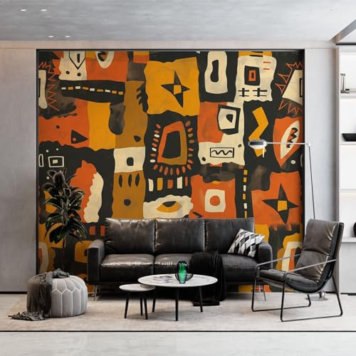 Art Papier Peint Intissé Motif Tribal Africain Papier Peint Photo, Marron Fresque Murale 3D HD pour Salon, Chambre, Cuisine 400 x 280 cm (WxH)