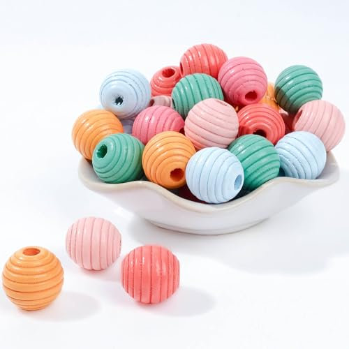 Bunte Holzperlen 20mm mit Loch - 48 Stk Runde Holzkugeln zum Auffädeln, Bastelnperlen für Makramee DIY Schmuck Dekor