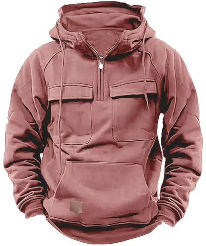 PADOLA Pull Homme 1/4 Zip Veste Polaire Cargo Sweat Manches Longues Multi-Poches Sweat à Capuche Vintage Rétro Pulls Automne Hiver Hoodie Pull de Travail Tricot Veste mi Saision (7 Rose, XL)