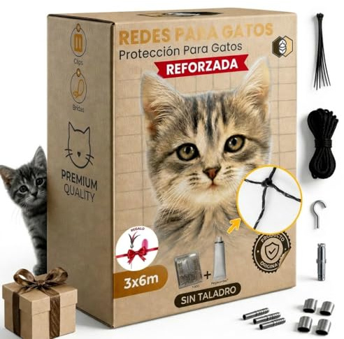 FR3 Red para Gatos Terraza Reforzada 3x6m Negra | Balcón y Ventanas UV | Tres métodos de montaje: bridas, fijación adhesiva o ganchos con tacos y cáncamos para adaptarte a tu hogar