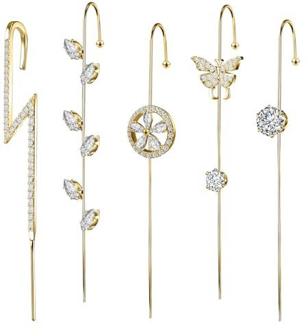 AccGin Trendy Pierced Ear Crawler Earrings for Women Gold & Silver Snowflake Rhinestone Helix Hook Set Fashionista Jewelry with Secure Ear Plug Fixer for Daily & Evening Outfits
