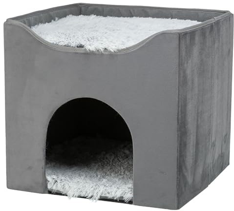 TRIXIE Katzenhöhle Harvey – 38 × 38 × 38 cm – Katzenhaus in Grau mit Wendekissen, Schaumstoff-Füllung und zusätzlichem Kuschelbett – Platzsparend, ideal für Katzen bis 10 kg – 375010