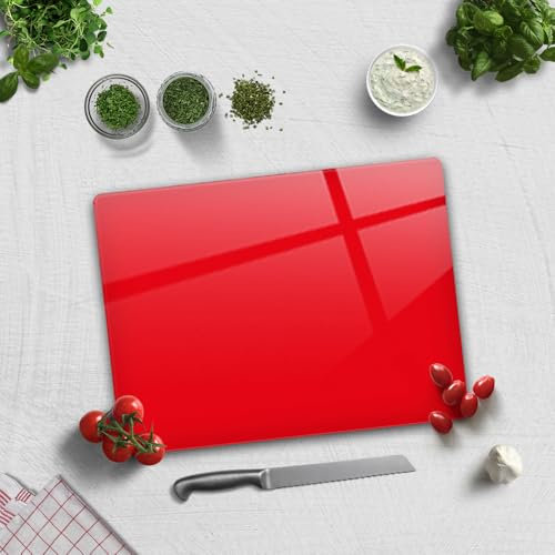 Planche à découper rectangulaire en verre trempé pour cuisine avec pieds en caoutchouc, résistante à la chaleur, antidérapante, 30 cm x 40 cm, rouge uni