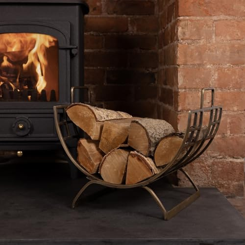 CHARLES BENTLEY Snug Antique Gold Coloured Log Holder, Metal, Curved, Metal Handles, Wood Holder, Rustic, Fireside Storage, Kindling, Wood Rack, Fireplace, Traditional Style, U Shaped (35x31x41cm)