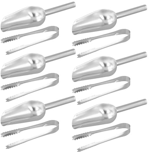 NGOSUET 12 Stücke Edelstahl Eisschaufel und Eiswürfelzange Set, Silber Zuckerzange Set, 19.5cm Schaufel und 15.2cm Zange Candy Bar Zubehör für Süßigkeiten, Schaufeln, Buffet, Küche, Bar, Hochzeitsfeie
