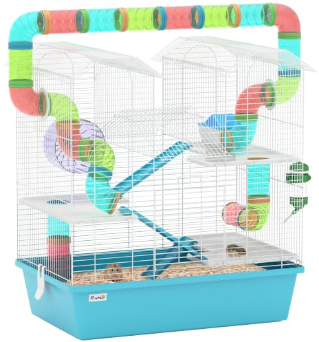 PawHut 4 Etagen Hamsterkäfig mit Röhre, Laufrad, Hütte, Wasserflasche, Futterschale, Rampen, DIY Design, Großer Hamsterkäfig für Zwerg, hellblau