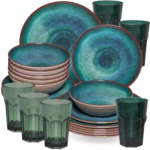 Melamin Geschirr Set Jesolo Grün für 6 Personen - 24 Teile - mit farblich passenden Trinkgläsern 400ml aus Acryl Campinggeschirr Geschirrset Tafelgeschirr Camping modernes Melamingeschirr bunt