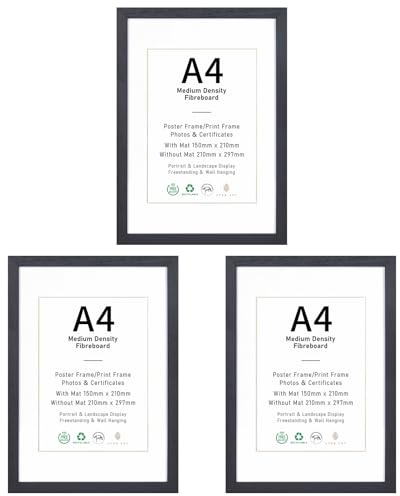 A4 Picture Frame Set of 3, Display A5 with Mat or A4 without Mat | Black Wood Photo Frames for Wall Mounting or Table Top Display