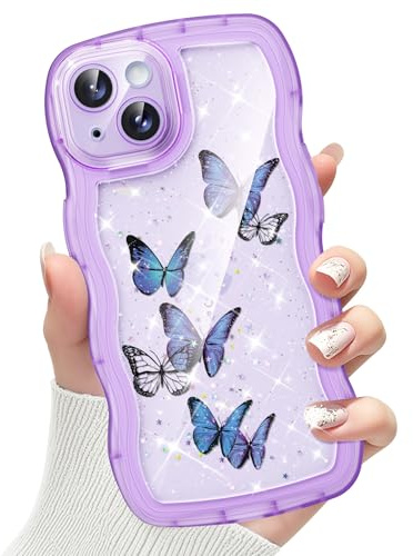 CASBST Compatible with iPhone 14 Case for Women Girls, Cute Curly Wave Frame with Bling Glitter Butterfly Pattern, Full Camera Protection, Slim TPU Aesthetic Clear Phone Case for iPhone 14, Purple