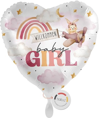 balloa Herzballon Welcome Girl, XXL Folienballon zur Geburt Mädchen, 53 cm | Welcome Girl Design in Rosatönen, Herzform, XXL, heliumgeeignet, ungefüllt, liebevolle Deko zur Geburt eines Mädchens