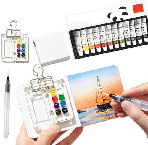 Altaroo Mini Aquarell Travel Set, Aquarell Set Unterwegs, Deckfarbkasten Skizzenbuch Palette 8 Grids, mit farben, Skizzenbuch, Stifte, Clip für Künstler, Studenten