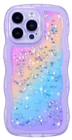 ZTOFERA Sparkly Glitter Case for iPhone 14 Pro (6.1), Rainbow Purple | Curly Wave Frame Shape, Bling Sparkle Star, Clear Soft TPU Back Cover, Lightweight, Shockproof Protective Bumper Cover