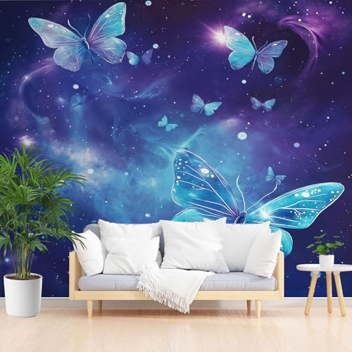 Tiere Schmetterling Fototapete Schlafzimmer, Fantasie Sternenhimmel 3D Tapete Vliestapete, Kosmos Galaxy Galaxie Tapeten Wohnzimmer Kinderzimmer Abwaschbare Tapete Wasserfest 350 x 256 cm (B x H)